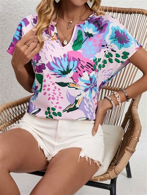 Shein Vcay Blusa Con Estampado Floral De Cuello De Muesca De Manga