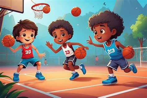 Cute Kids Playing Basketball Vector Illustration | Premium AI-generated ...