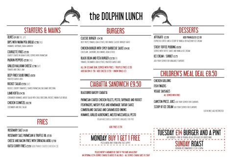 Lunch Menu The Dolphin In Sydenham