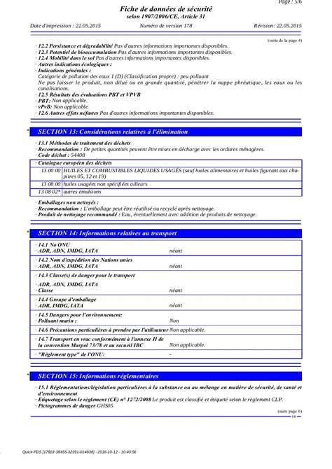 Fiche de Données Sécurité FDS TABLEAU DE BORD 12 par SODIMAC