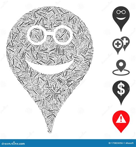 Hatch Collage Spectacles Smiley Map Marker Icon Stock Illustration