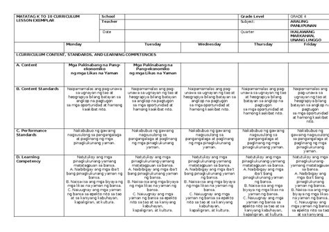 Grade 4 Q2W1 Matatag DLL AP MATATAG K TO 10 CURRICULUM LESSON