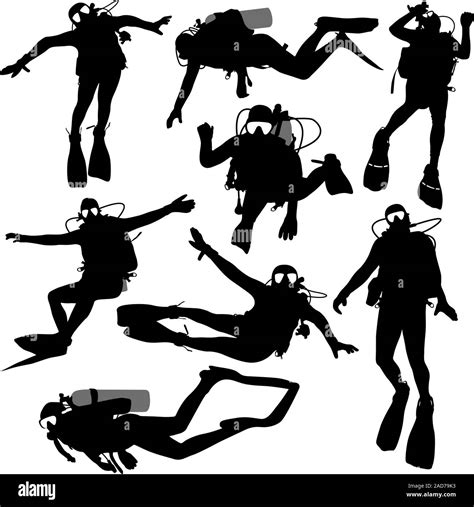 Set Black Silhouette Scuba Divers Vector Illustration Stock Vector