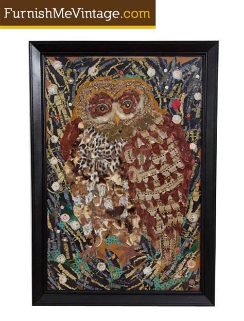 Large Vintage Owl Textile Assemblage Fiber Art