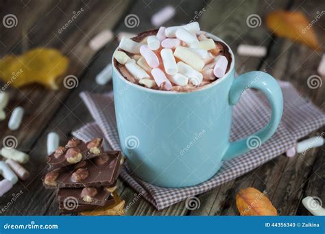 Mug Filled With Hot Chocolate And Marshmallow With Chocolate Stock Photo Image Of Break