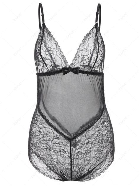 OFF Low Cut Sheer Mesh Lingerie Teddy In BLACK ZAFUL