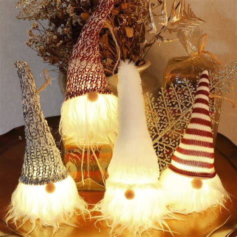 Myh Deco Light Up Christmas Gnome Elf Handmade Swedish Tomte Gnomes Ornaments Pack 4