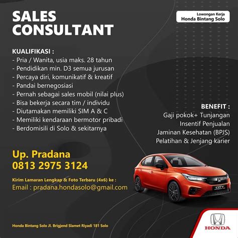 Lowongan Kerja Sales Consultant Honda Bintang Solo Info Loker Solo