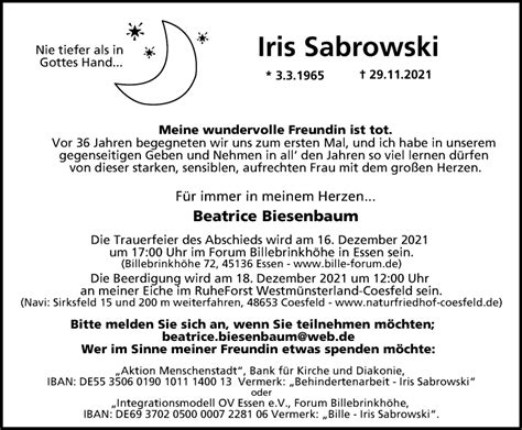 Traueranzeigen Von Iris Sabrowski Trauer In Nrw De