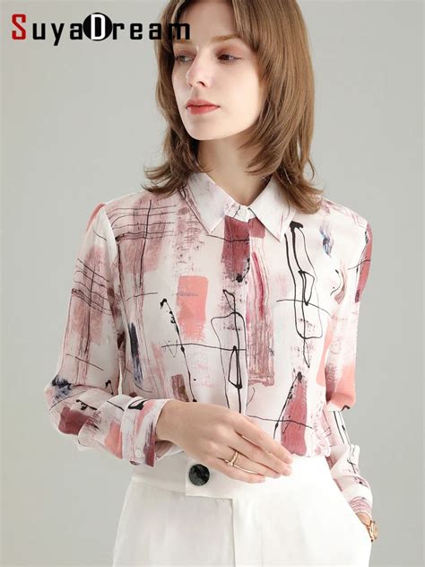 Suyadream Silk Shirts For Woman Silk Crepe De Chine Printed Long