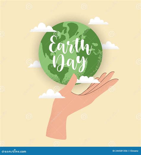 Vector Illustration Of Human Hand Holding Earth Globe With Clouds