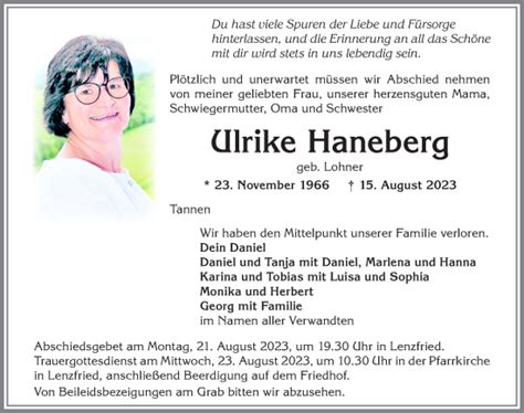 Traueranzeigen Von Ulrike Haneberg Allg Uer Zeitung