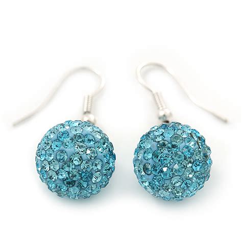 Light Blue Swarovski Crystal Ball Drop Earrings In Silver Plated Finish