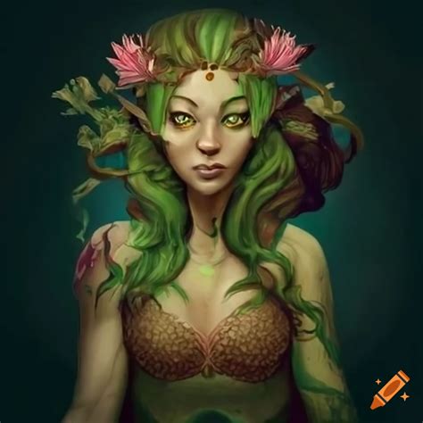 Art Of A Mystical Dryad With Lotus Flowers In Her Hair