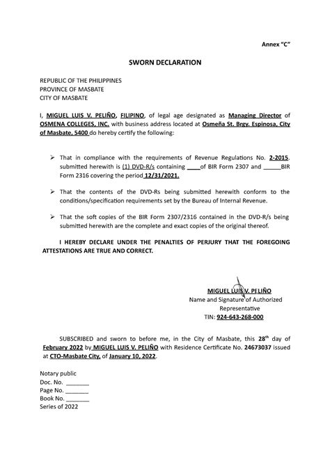 Sworn Declaration Form Sample Printable Forms Free Online