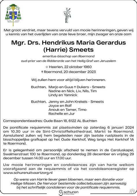 Mgr Drs Hendrikus Maria Gerardus Harrie Smeets 20 12 2023