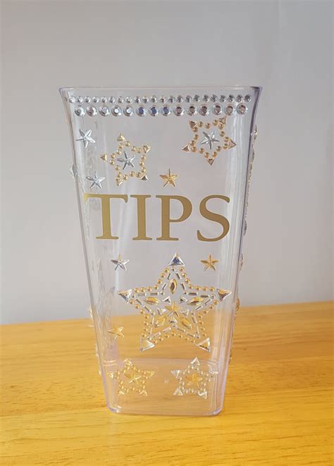 Tip Vessel Big Tips Money Collecting Clear Plastic Tip Jar Gold Stars