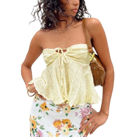 Women Y2k Wrap Chest Tube Tops Solid Color Boat Neck Tie Up Strapless Tank Tops Summer