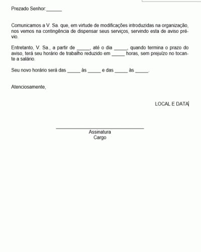 Referência de Aviso Prevido Informando Novo Horário de Trabalho