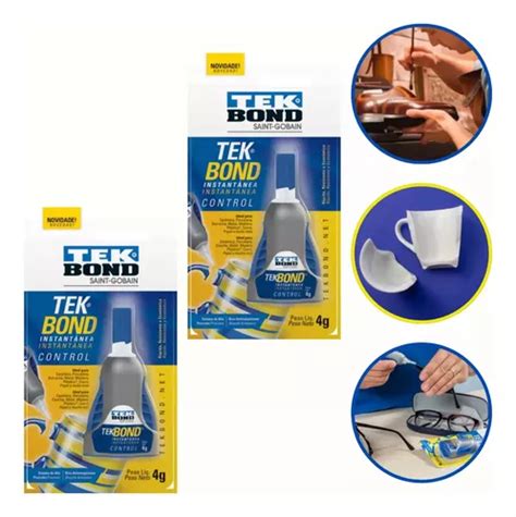 2 Colas Instantânea Tek Bond Control Seca Rápido Multiuso 4g Cor