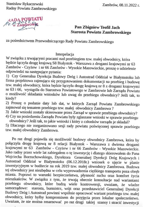 Starosta odpowiada na interpelację w sprawie obwodnicy Zambrowa w ciągu