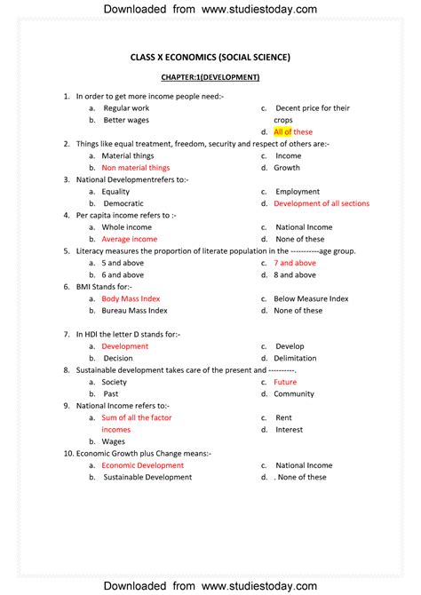 CBSE Class 10 Economics MCQs All Chapters CLASS X ECONOMICS SOCIAL