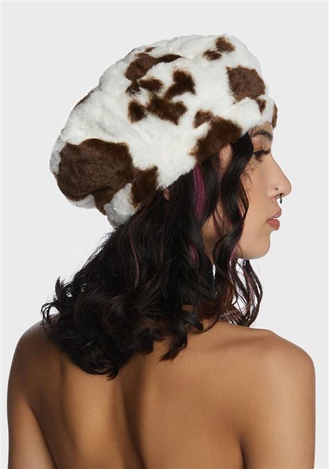 Faux Fur Cow Print Beret Brown Dolls Kill