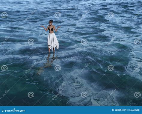 Illustration D Une Belle Femme Portant Un Top Bikini Et Une Jupe Blanche Debout Cheville Dans L