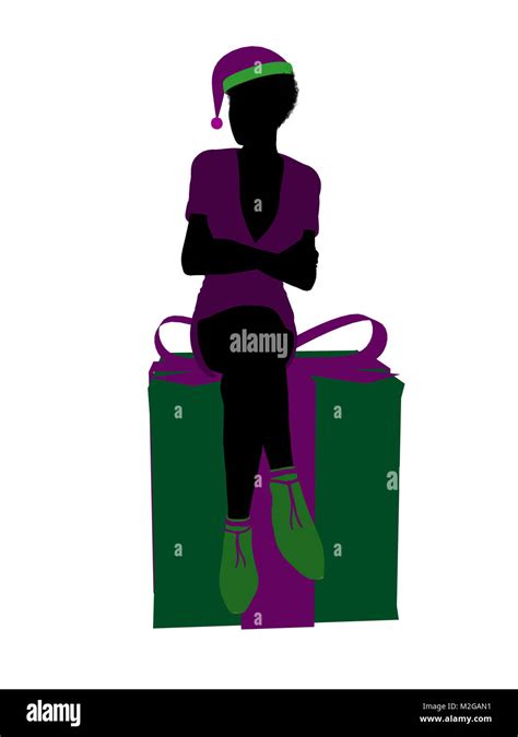 African American Christmas Elf Sitting On A Gift Box Illustration