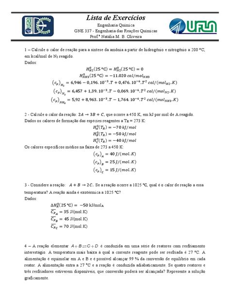 1a Lista De Exercícios Pdf Reações Químicas Reator Nuclear