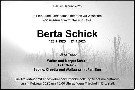 Traueranzeigen Von Berta Schick S Dwest Presse Trauer