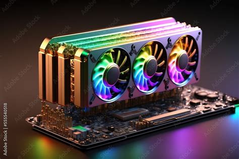 Graphics card. Futuristic gaming GPU with RGB neon lights and a cooling system, graphics ...