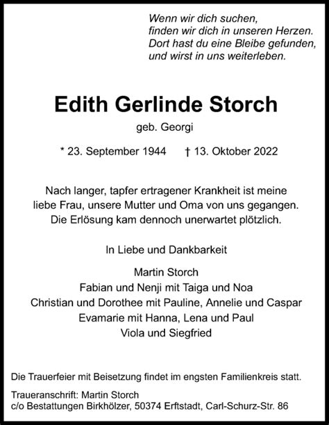 Traueranzeigen Von Edith Gerlinde Storch WirTrauern