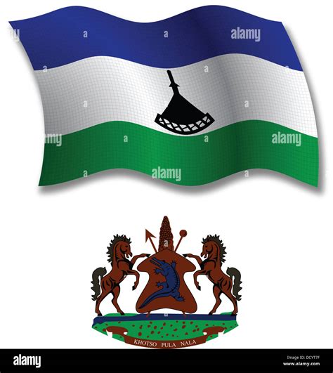 Lesotho Sombra Textura Ondulada Bandera Y Escudo Contra Fondo Blanco