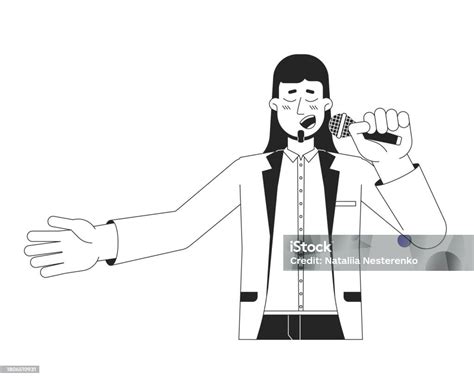 European Adult Male Vocalist Holding Mic Black And White 2d Line