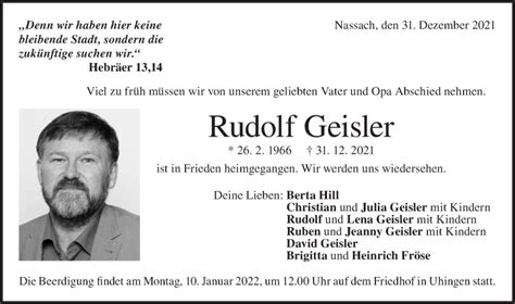 Traueranzeigen von Rudolf Geisler Südwest Presse Trauer