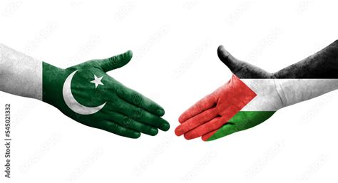 Handshake Between Palestine And Pakistan Flags Painted On Hands