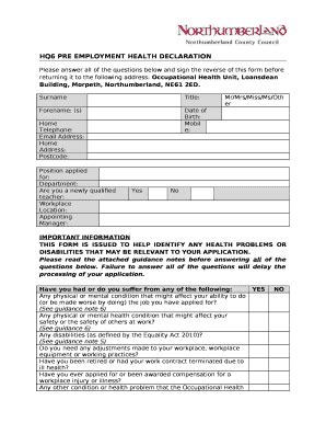 Hq Pre Employment Health Declaration Doc Template Pdffiller