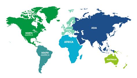 World Map Divided Into Six Continents In Different Color World Green Light Worldwide