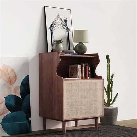 Japandi Nightstand Drawer Shelf Wooden Bedside Table Rattan Woven