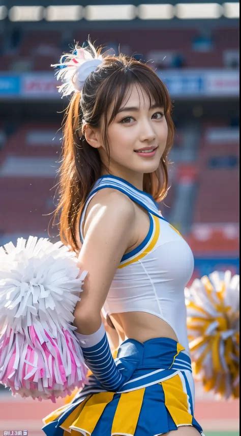 Asian Cheerleaders Posing Dynamically With Pom Poms In Stadium Bon