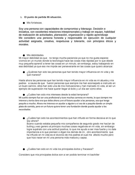 Actividad Proyecto DE VIDA 1 El punto de partida Mi situación Mis