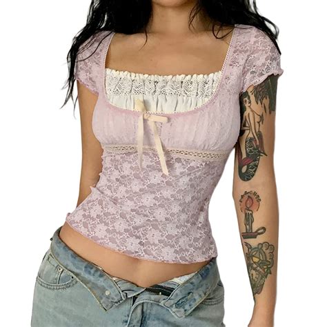 Mxiqqpltky Y2k Fairy Grunge Crop Top For Women Short Sleeve Lace