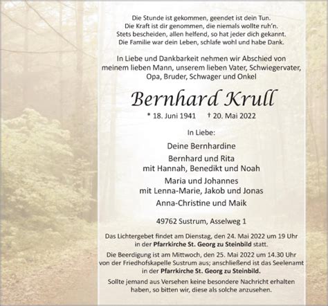 Traueranzeigen Von Bernhard Krull Noz Trauerportal