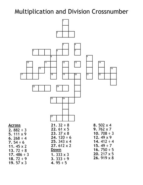 Multiplication And Division Crossnumber Crossword Wordmint