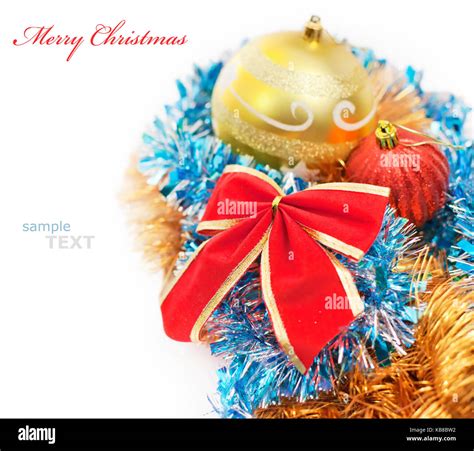 Christmas Decoration Baubles And Red Bow Isolated On White Background