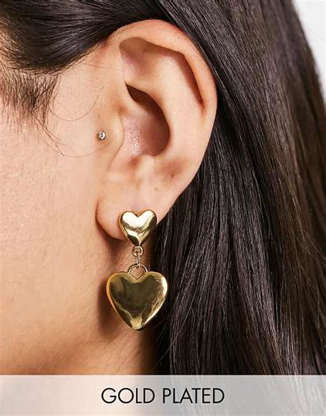 Asos Design 14k Gold Plated Drop Earrings With Puff Heart Design Asos