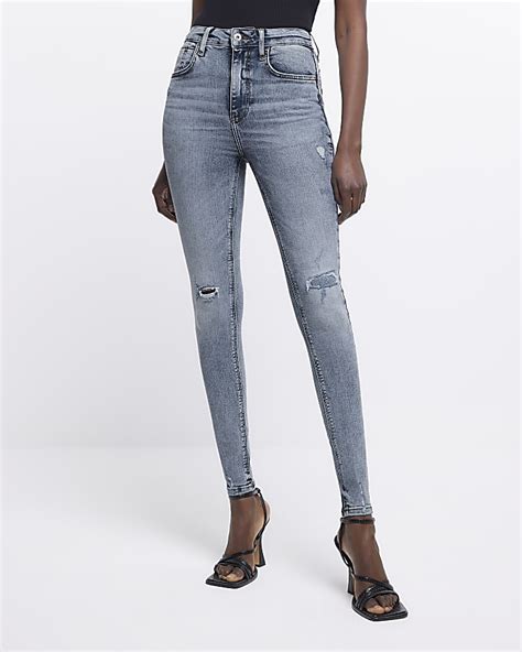 Blue Ripped High Waisted Skinny Jeans River Island