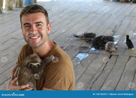 Lovely Sloth Hugging A Man Stock Image Image Of Central 136742253