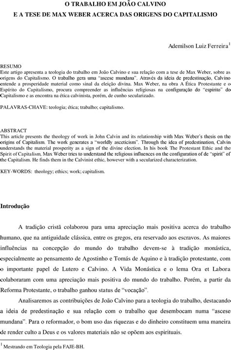 O Trabalho Em Jo O Calvino E A Tese De Max Weber Acerca Das Origens Do